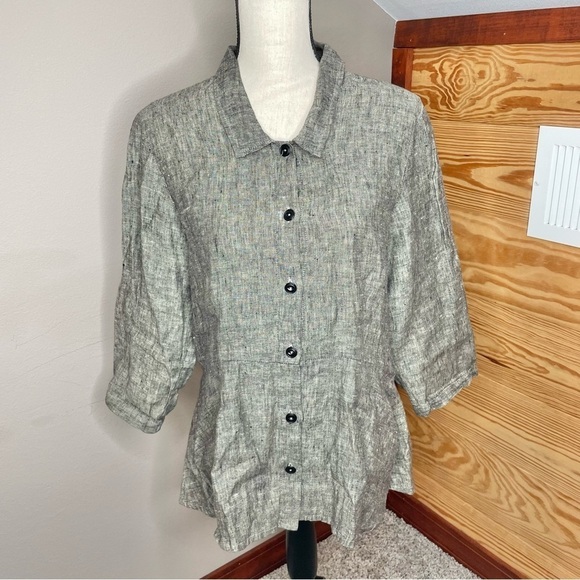 Flax Grey 100% Linen Collared Button Up Shirt Top Blouse Small - Picture 1 of 9
